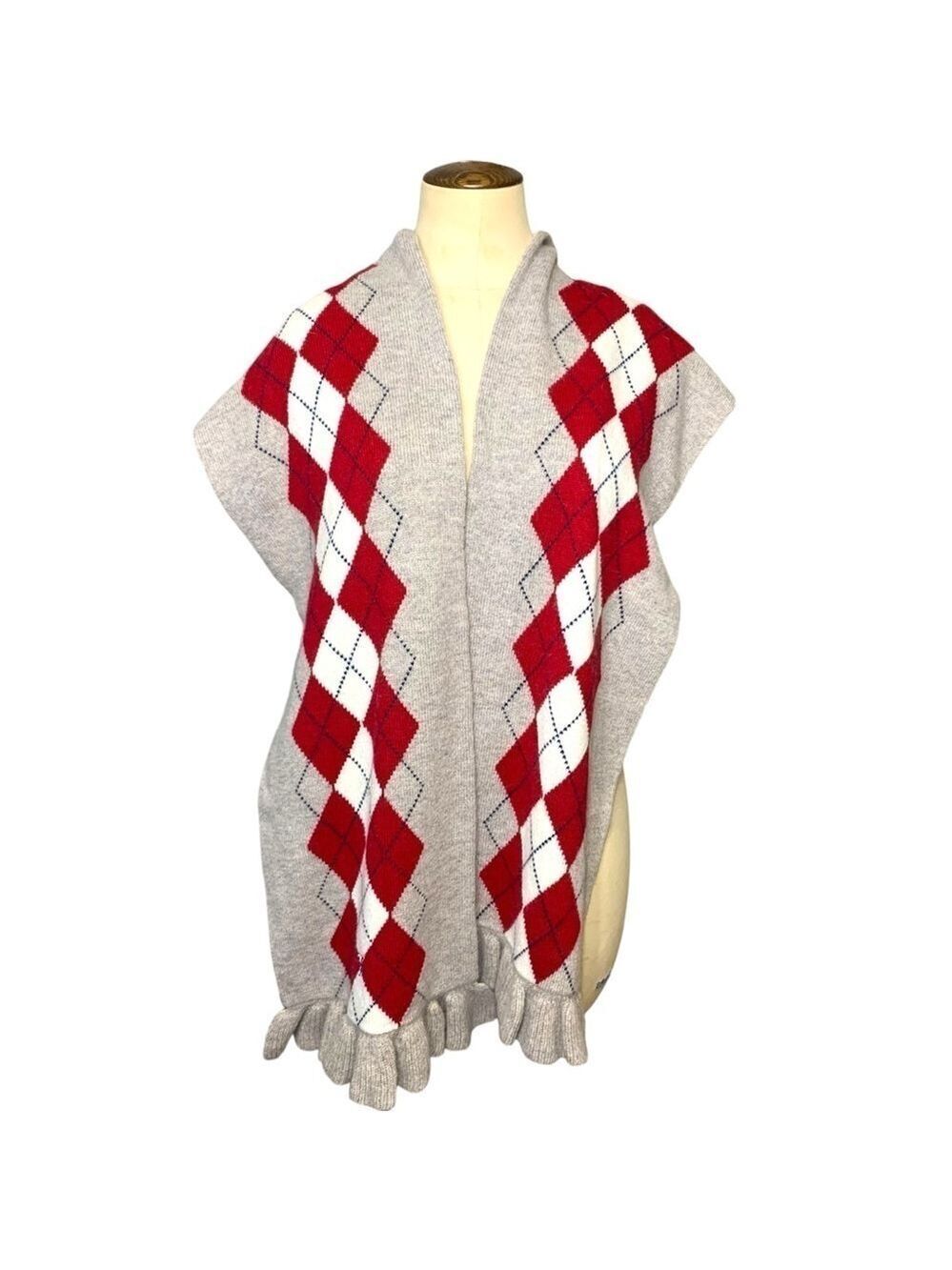 Tommy Hilfiger Knit Scarf Wrap O/S Tan red Scottish Plaid Wool Blend Ruffle Hem - Picture 2 of 13